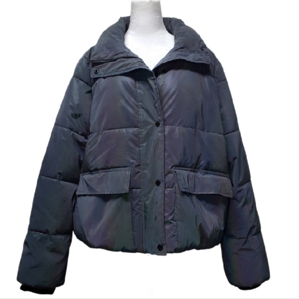 DKNY Dark Gray Holographic Ouffer Jacket Women's Size XL